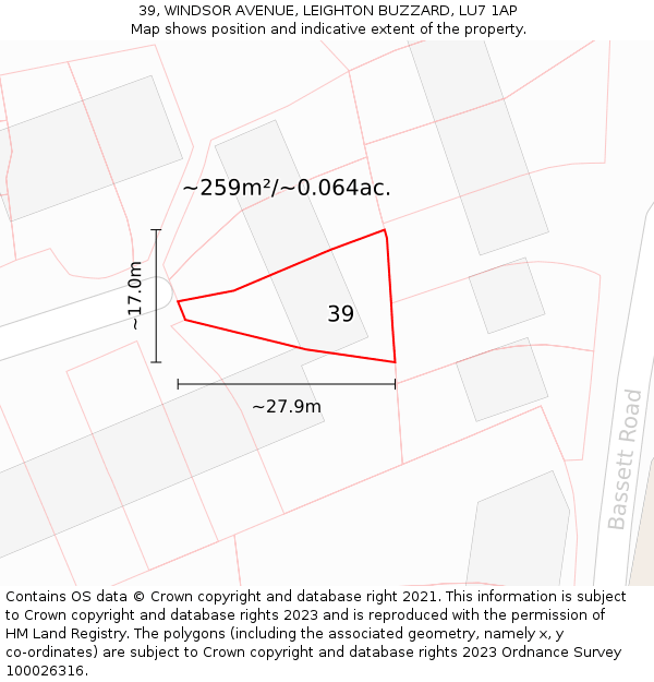 39, WINDSOR AVENUE, LEIGHTON BUZZARD, LU7 1AP: Plot and title map