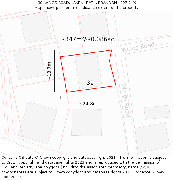 39, WINGS ROAD, LAKENHEATH, BRANDON, IP27 9HX: Plot and title map