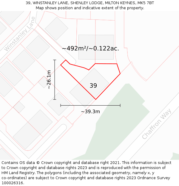 39, WINSTANLEY LANE, SHENLEY LODGE, MILTON KEYNES, MK5 7BT: Plot and title map