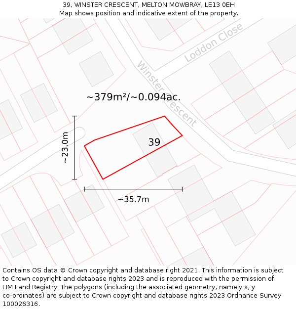 39, WINSTER CRESCENT, MELTON MOWBRAY, LE13 0EH: Plot and title map