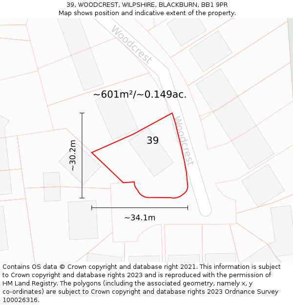 39, WOODCREST, WILPSHIRE, BLACKBURN, BB1 9PR: Plot and title map