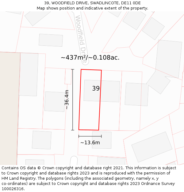 39, WOODFIELD DRIVE, SWADLINCOTE, DE11 0DE: Plot and title map