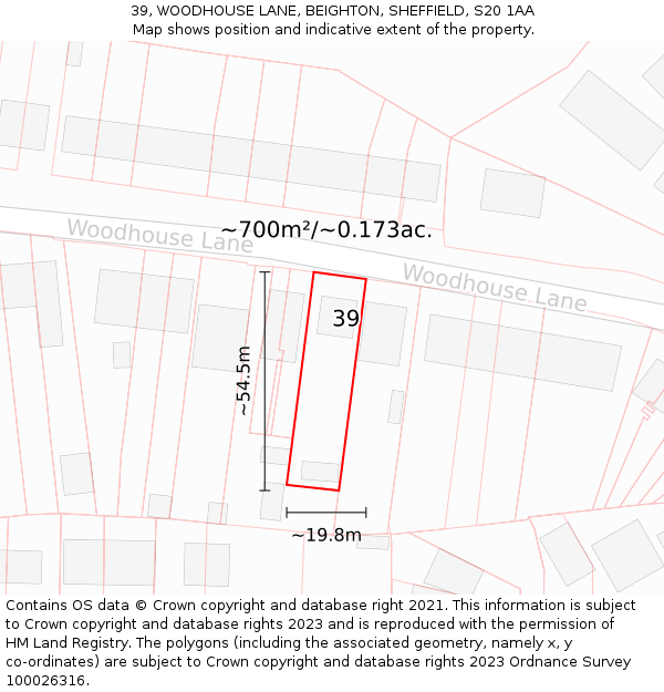 39, WOODHOUSE LANE, BEIGHTON, SHEFFIELD, S20 1AA: Plot and title map