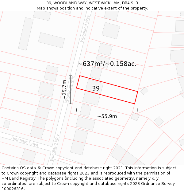 39, WOODLAND WAY, WEST WICKHAM, BR4 9LR: Plot and title map