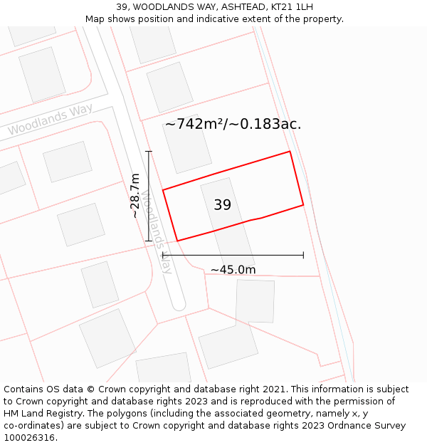 39, WOODLANDS WAY, ASHTEAD, KT21 1LH: Plot and title map