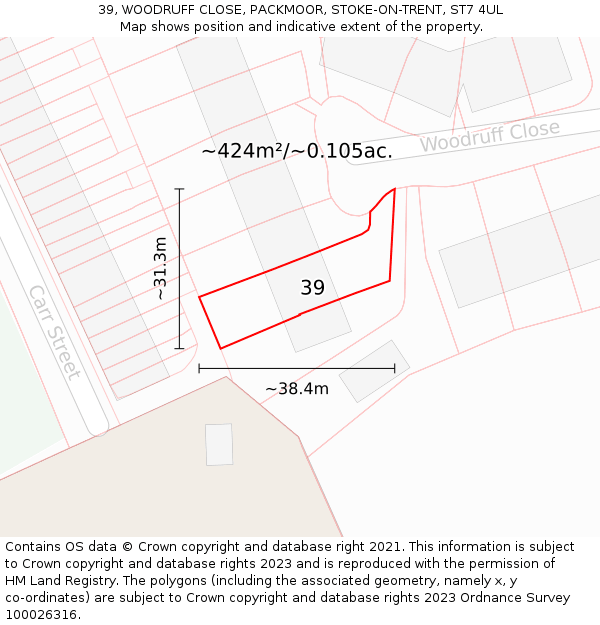 39, WOODRUFF CLOSE, PACKMOOR, STOKE-ON-TRENT, ST7 4UL: Plot and title map