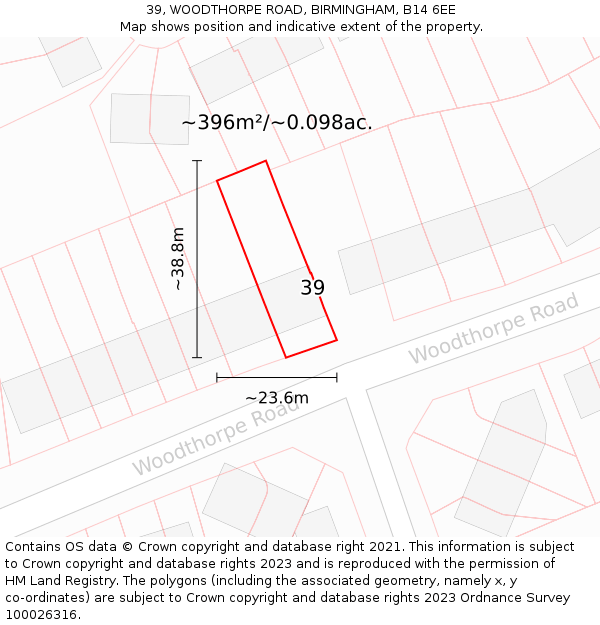 39, WOODTHORPE ROAD, BIRMINGHAM, B14 6EE: Plot and title map