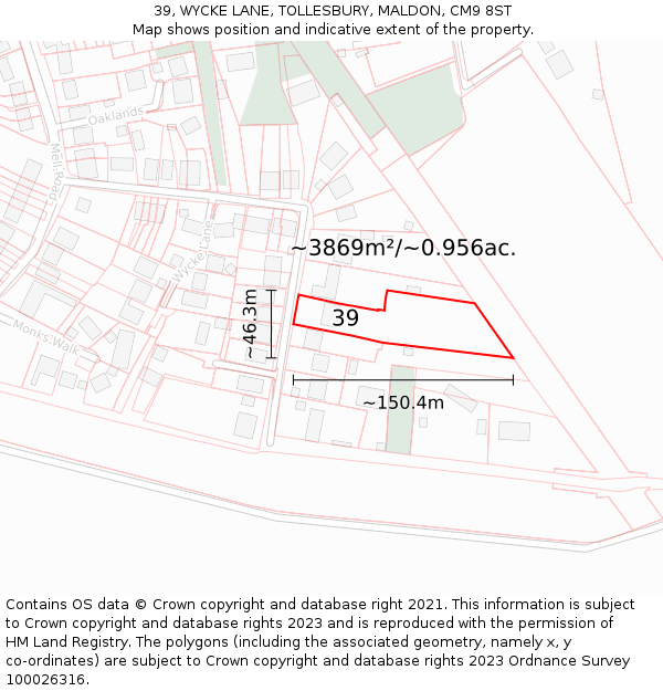 39, WYCKE LANE, TOLLESBURY, MALDON, CM9 8ST: Plot and title map