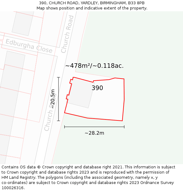 390, CHURCH ROAD, YARDLEY, BIRMINGHAM, B33 8PB: Plot and title map