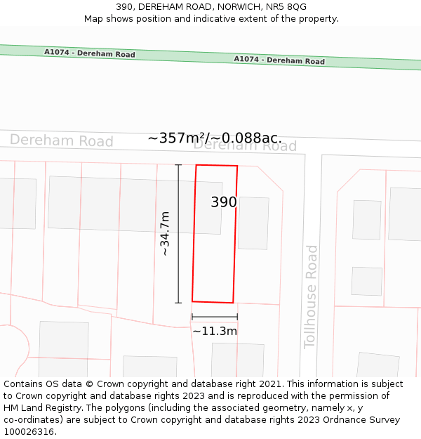 390, DEREHAM ROAD, NORWICH, NR5 8QG: Plot and title map