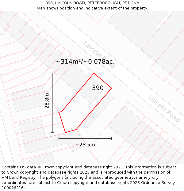 390, LINCOLN ROAD, PETERBOROUGH, PE1 2NA: Plot and title map