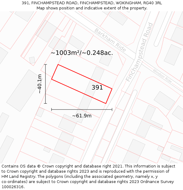 391, FINCHAMPSTEAD ROAD, FINCHAMPSTEAD, WOKINGHAM, RG40 3RL: Plot and title map