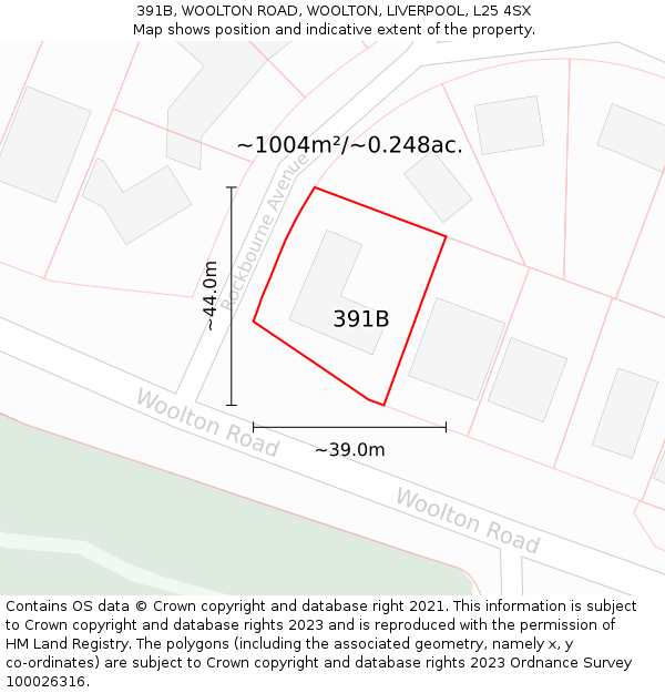 391B, WOOLTON ROAD, WOOLTON, LIVERPOOL, L25 4SX: Plot and title map