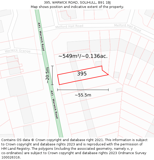 395, WARWICK ROAD, SOLIHULL, B91 1BJ: Plot and title map