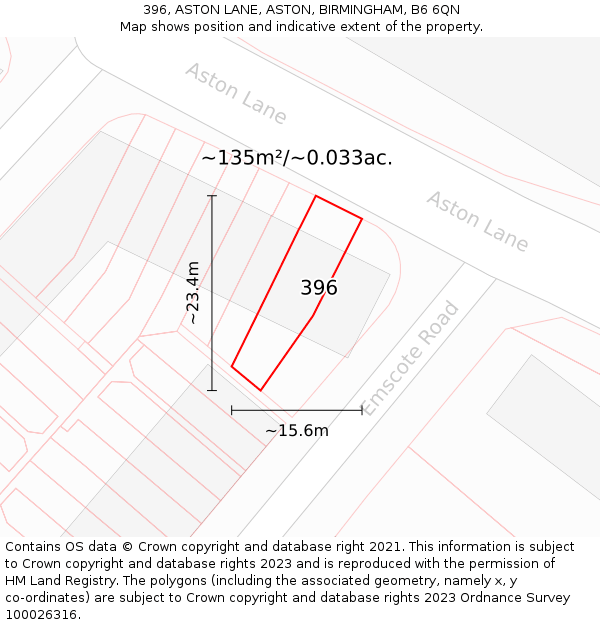 396, ASTON LANE, ASTON, BIRMINGHAM, B6 6QN: Plot and title map