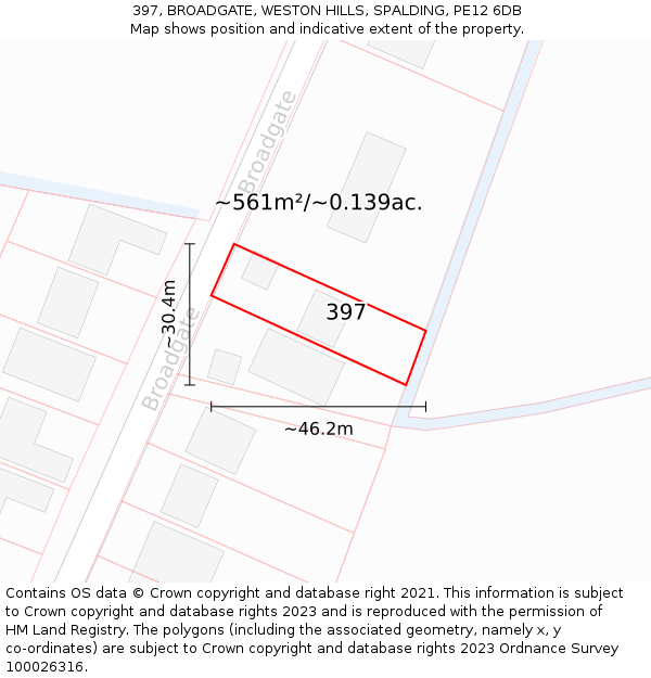 397, BROADGATE, WESTON HILLS, SPALDING, PE12 6DB: Plot and title map