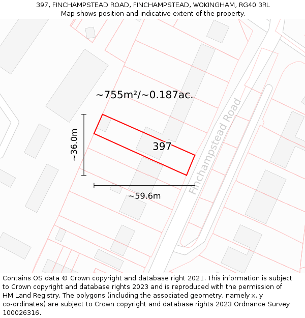 397, FINCHAMPSTEAD ROAD, FINCHAMPSTEAD, WOKINGHAM, RG40 3RL: Plot and title map