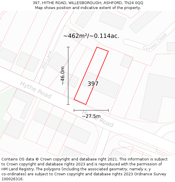 397, HYTHE ROAD, WILLESBOROUGH, ASHFORD, TN24 0QQ: Plot and title map