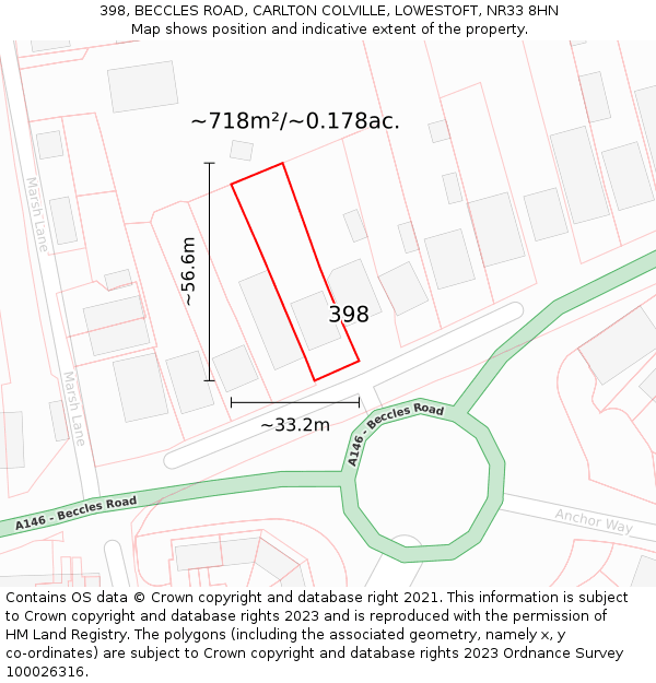 398, BECCLES ROAD, CARLTON COLVILLE, LOWESTOFT, NR33 8HN: Plot and title map