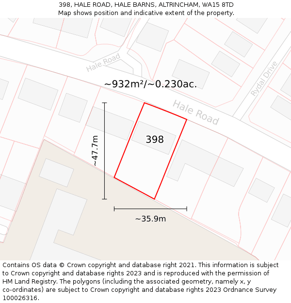 398, HALE ROAD, HALE BARNS, ALTRINCHAM, WA15 8TD: Plot and title map