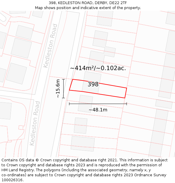 398, KEDLESTON ROAD, DERBY, DE22 2TF: Plot and title map