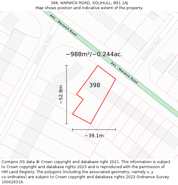 398, WARWICK ROAD, SOLIHULL, B91 1AJ: Plot and title map