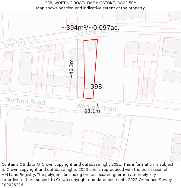 398, WORTING ROAD, BASINGSTOKE, RG22 5EA: Plot and title map