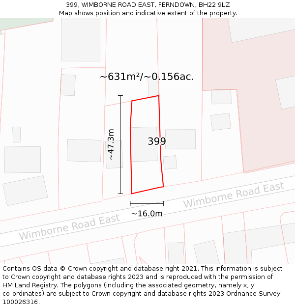 399, WIMBORNE ROAD EAST, FERNDOWN, BH22 9LZ: Plot and title map