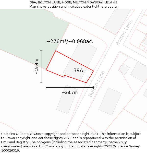 39A, BOLTON LANE, HOSE, MELTON MOWBRAY, LE14 4JE: Plot and title map