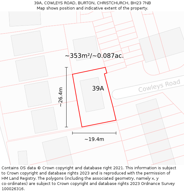 39A, COWLEYS ROAD, BURTON, CHRISTCHURCH, BH23 7NB: Plot and title map