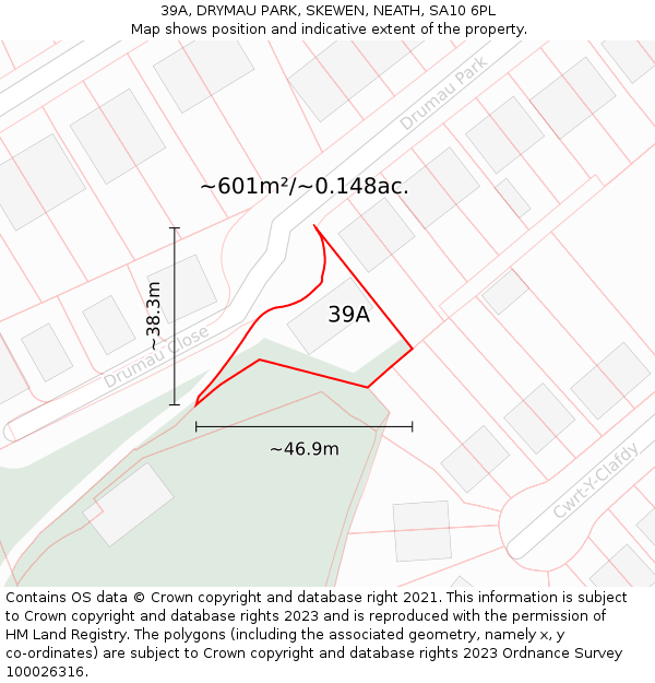 39A, DRYMAU PARK, SKEWEN, NEATH, SA10 6PL: Plot and title map