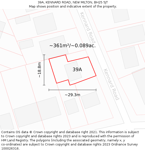 39A, KENNARD ROAD, NEW MILTON, BH25 5JT: Plot and title map