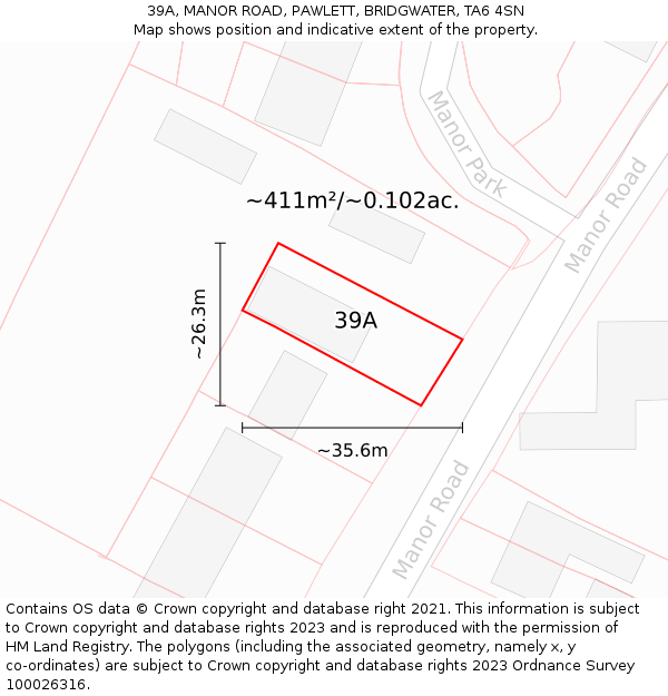 39A, MANOR ROAD, PAWLETT, BRIDGWATER, TA6 4SN: Plot and title map