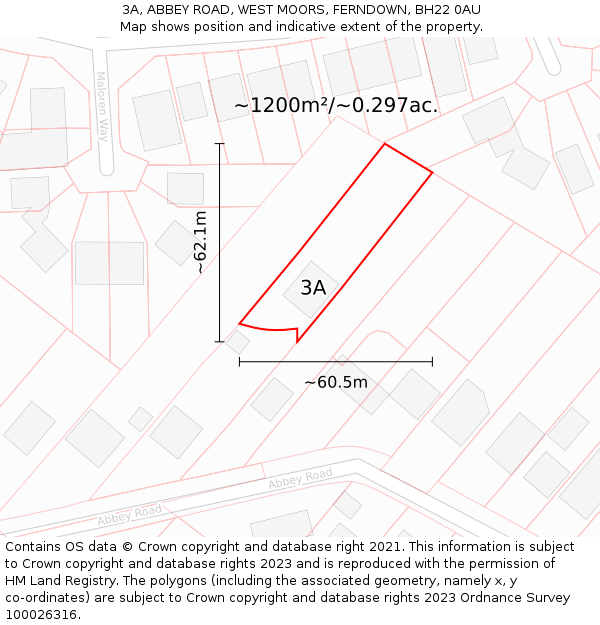 3A, ABBEY ROAD, WEST MOORS, FERNDOWN, BH22 0AU: Plot and title map