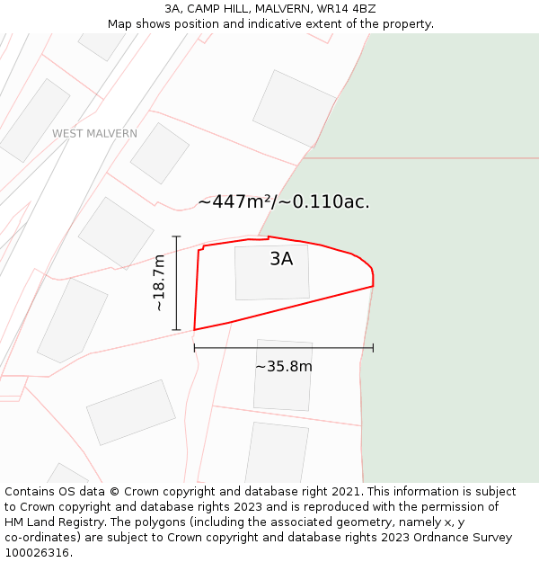 3A, CAMP HILL, MALVERN, WR14 4BZ: Plot and title map