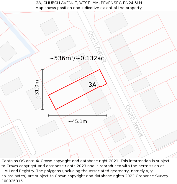 3A, CHURCH AVENUE, WESTHAM, PEVENSEY, BN24 5LN: Plot and title map