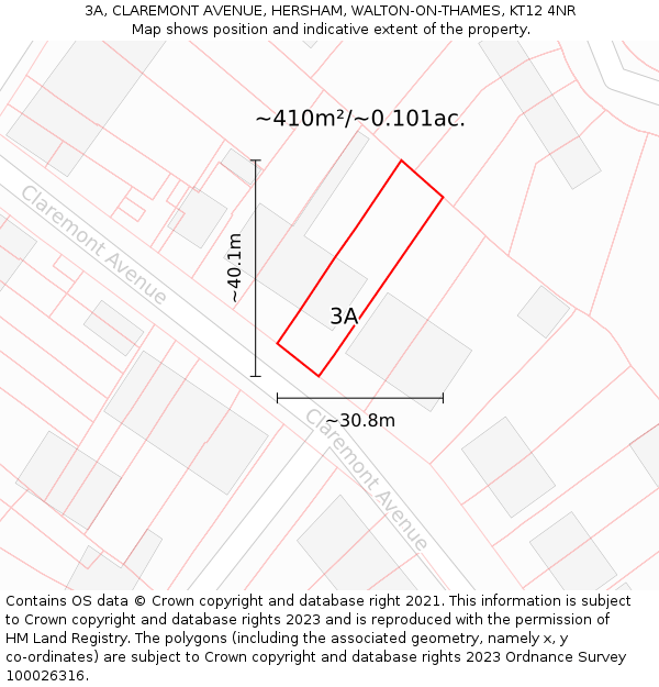 3A, CLAREMONT AVENUE, HERSHAM, WALTON-ON-THAMES, KT12 4NR: Plot and title map