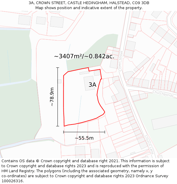 3A, CROWN STREET, CASTLE HEDINGHAM, HALSTEAD, CO9 3DB: Plot and title map