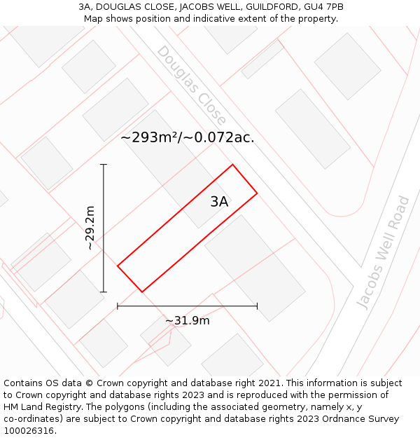 3A, DOUGLAS CLOSE, JACOBS WELL, GUILDFORD, GU4 7PB: Plot and title map