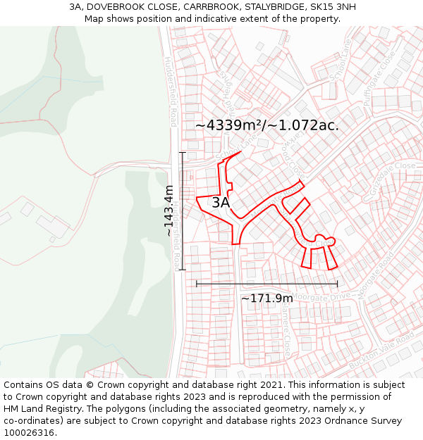 3A, DOVEBROOK CLOSE, CARRBROOK, STALYBRIDGE, SK15 3NH: Plot and title map