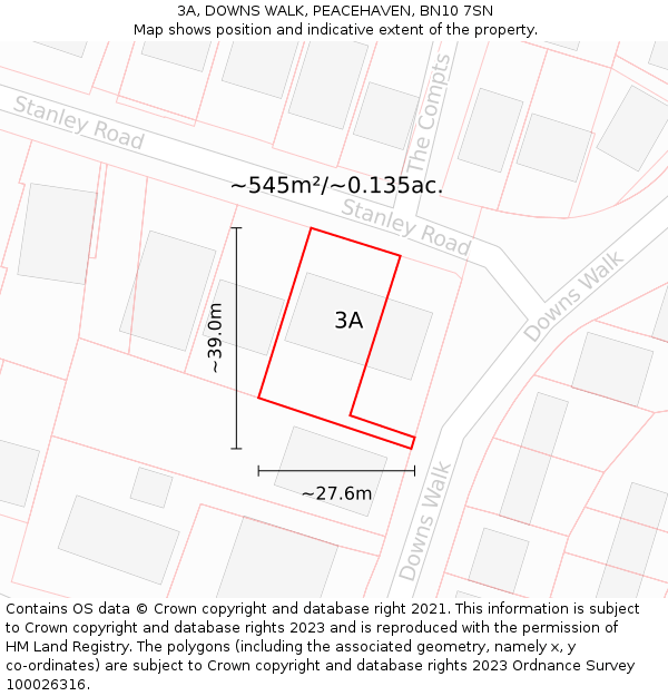 3A, DOWNS WALK, PEACEHAVEN, BN10 7SN: Plot and title map