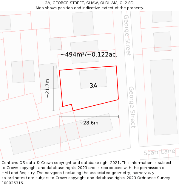 3A, GEORGE STREET, SHAW, OLDHAM, OL2 8DJ: Plot and title map