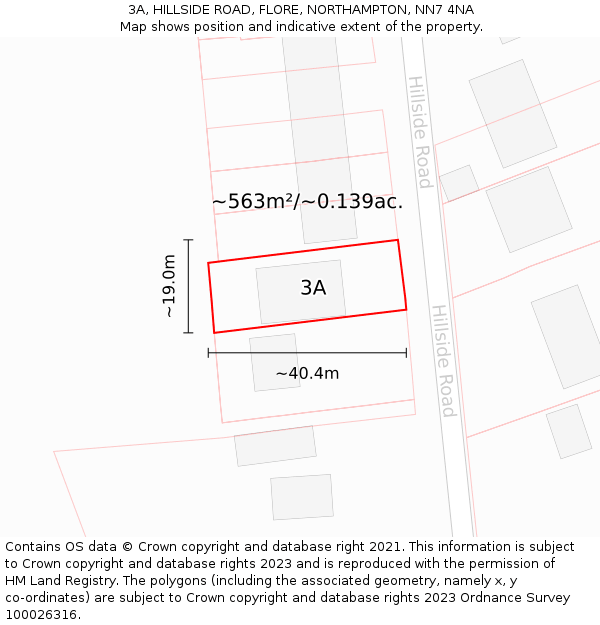 3A, HILLSIDE ROAD, FLORE, NORTHAMPTON, NN7 4NA: Plot and title map