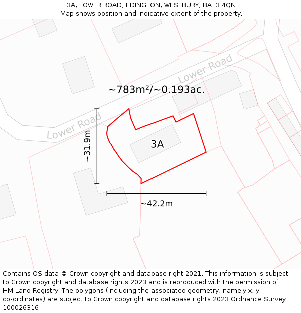 3A, LOWER ROAD, EDINGTON, WESTBURY, BA13 4QN: Plot and title map