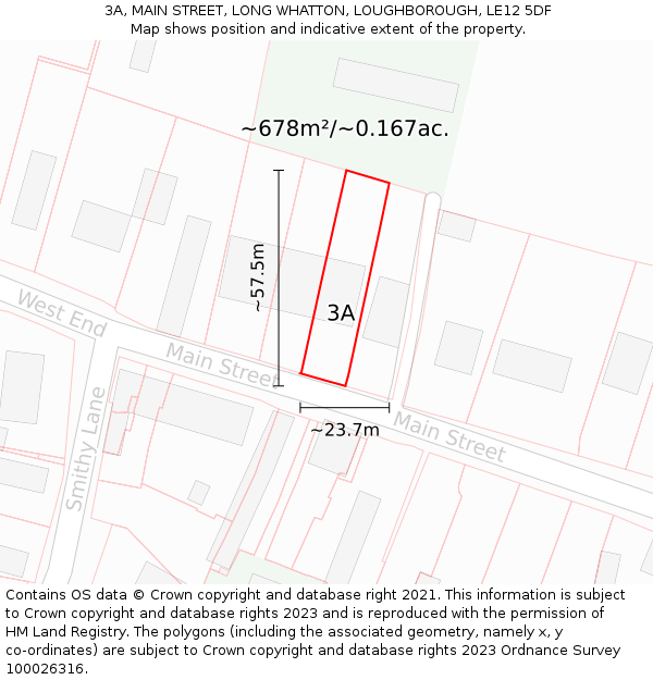 3A, MAIN STREET, LONG WHATTON, LOUGHBOROUGH, LE12 5DF: Plot and title map