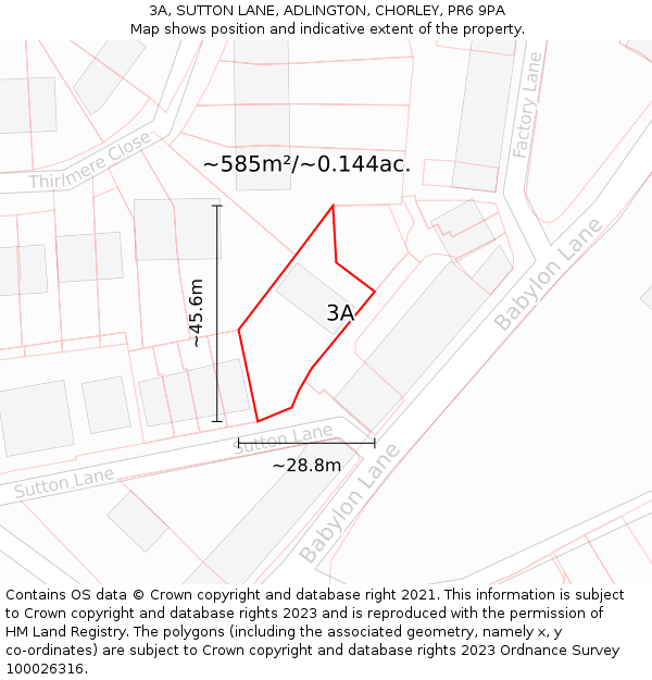 3A, SUTTON LANE, ADLINGTON, CHORLEY, PR6 9PA: Plot and title map