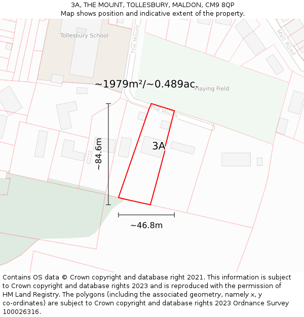 3A, THE MOUNT, TOLLESBURY, MALDON, CM9 8QP: Plot and title map