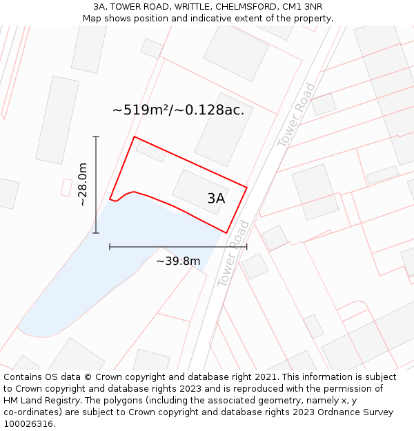 3A, TOWER ROAD, WRITTLE, CHELMSFORD, CM1 3NR: Plot and title map