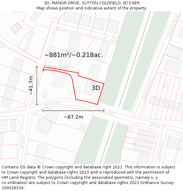 3D, MANOR DRIVE, SUTTON COLDFIELD, B73 6ER: Plot and title map