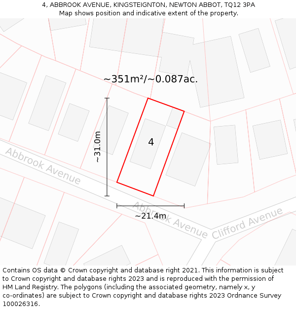 4, ABBROOK AVENUE, KINGSTEIGNTON, NEWTON ABBOT, TQ12 3PA: Plot and title map